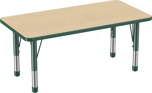 FDP Rectangle Activity School and Kids Classroom Table (24 x 48 inch), Toddler Legs, Adjustable Height 15-24 inches - Maple Top and Green Edge