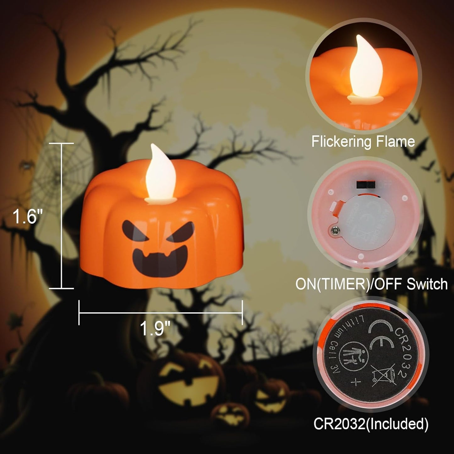 Wondise Halloween Flameless Candles, Pumpkin Battery Operated Candles with Timer, LED Flickering Votive Tealight Spooky Candles for Halloween Decorations Indoor (6 Pack, 1.9" x 1.6")