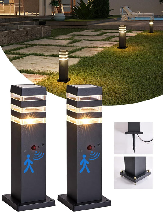 2Pack Motion Sensor Outdoor Floor Lamps Pathway Lights Dusk to Dawn Exterior Pillar Lamps Black Aluminum Poles Lights for Outside, Modern Landscape Path Lamp for Patio, Yard, Garden, Pathway, Driveway