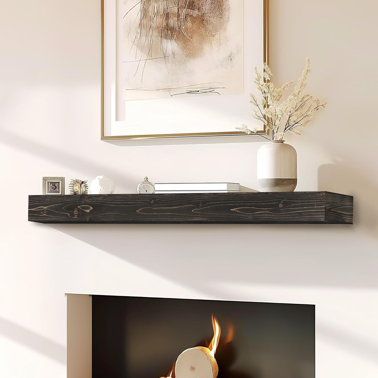 48x8x3 Fireplace Mantel - Handcrafted Hollow Rustic Solid Wood Wall Mounted Floating Shelf with Invisible Heavy Duty Wood Bracket (Weathered Black)