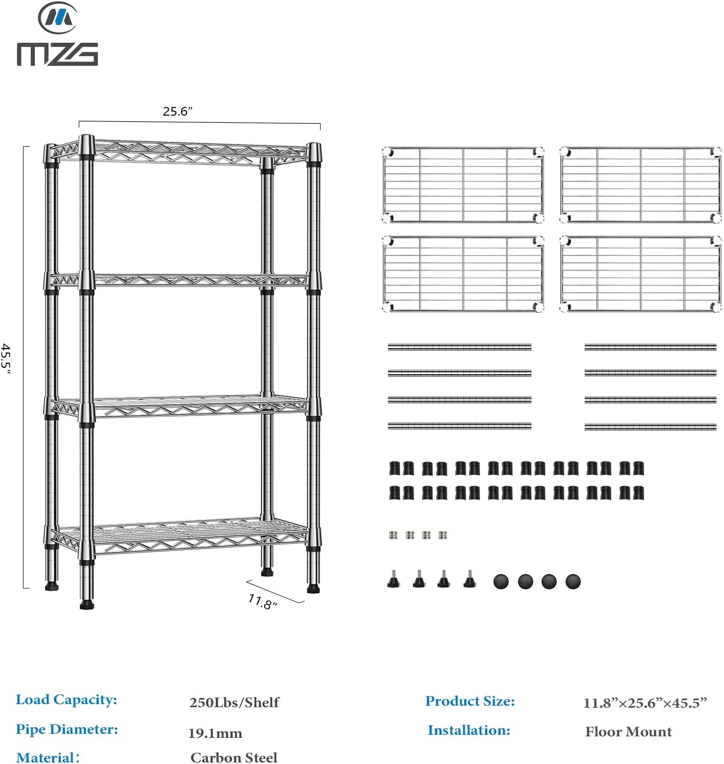 1000 lbs 4 Tier Shelf Metal Storage Shelves Wire Rack Closet Organizers for Garage Kitchen Bathroom Laundry Chrome 11.8" D x 25.6" W x 45.5" H