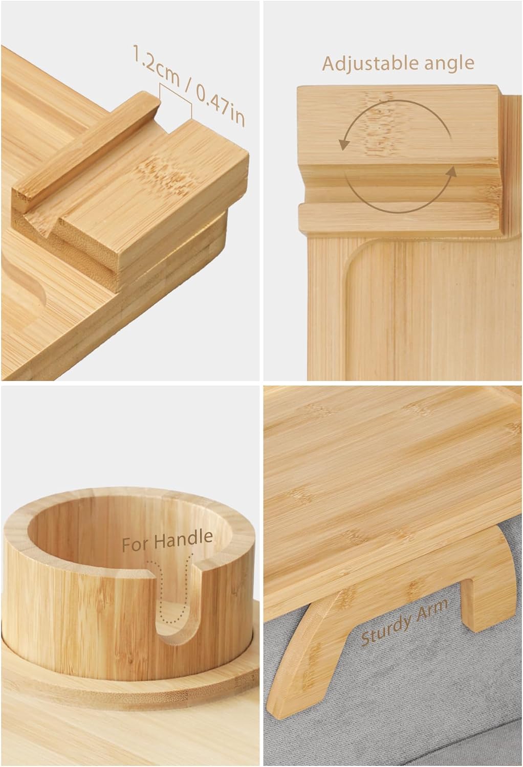 Sofa Arm Tray, Bamboo Large Couch Cup Holder, Portable Anti-Spill Sofa Armrest Tray for Beverage, Snacks, Phone, Remotes