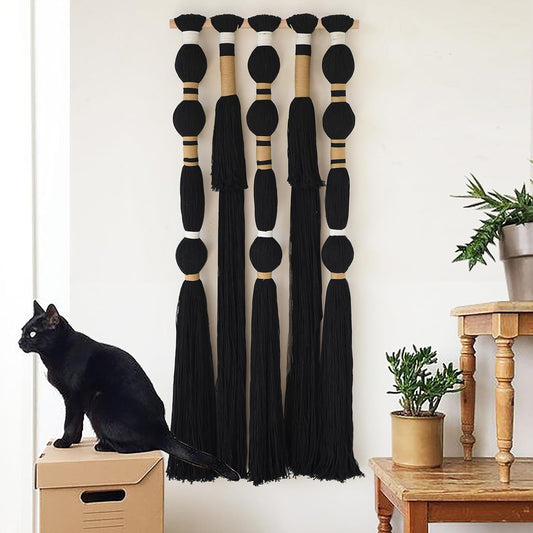 Macrame Wall Hanging Black Sphericity Cotton Tassels Textile Hanging Geometric Yarn Wall Art for Bedroom Living Room Decor 15.7" W x 39" L