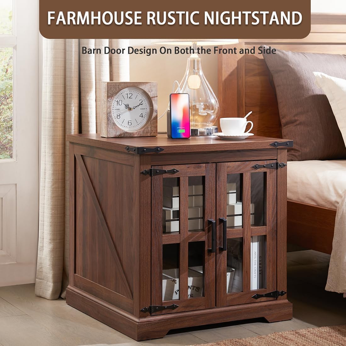 Farmhouse End Table with Charging Station,24" Large Sofa Side Table with Glass Barn Door, Rustic Wood Nightstand Bedside Table with Adjustable Storage Shelf for Living Room, Bedroom, Walnut