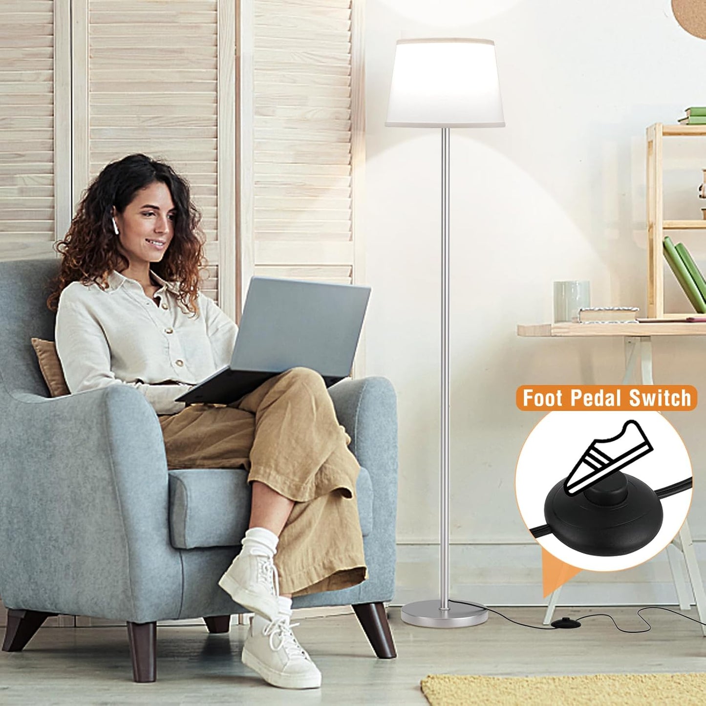 【Upgraded】Floor Lamps for Living Room, Modern Floor Lamp with Remote Control, Dimmable Colors Temperature Standing Lamp Foot Switch, 9W Bulb Tall Lamps for Bedroom Office Kid Room - Silver