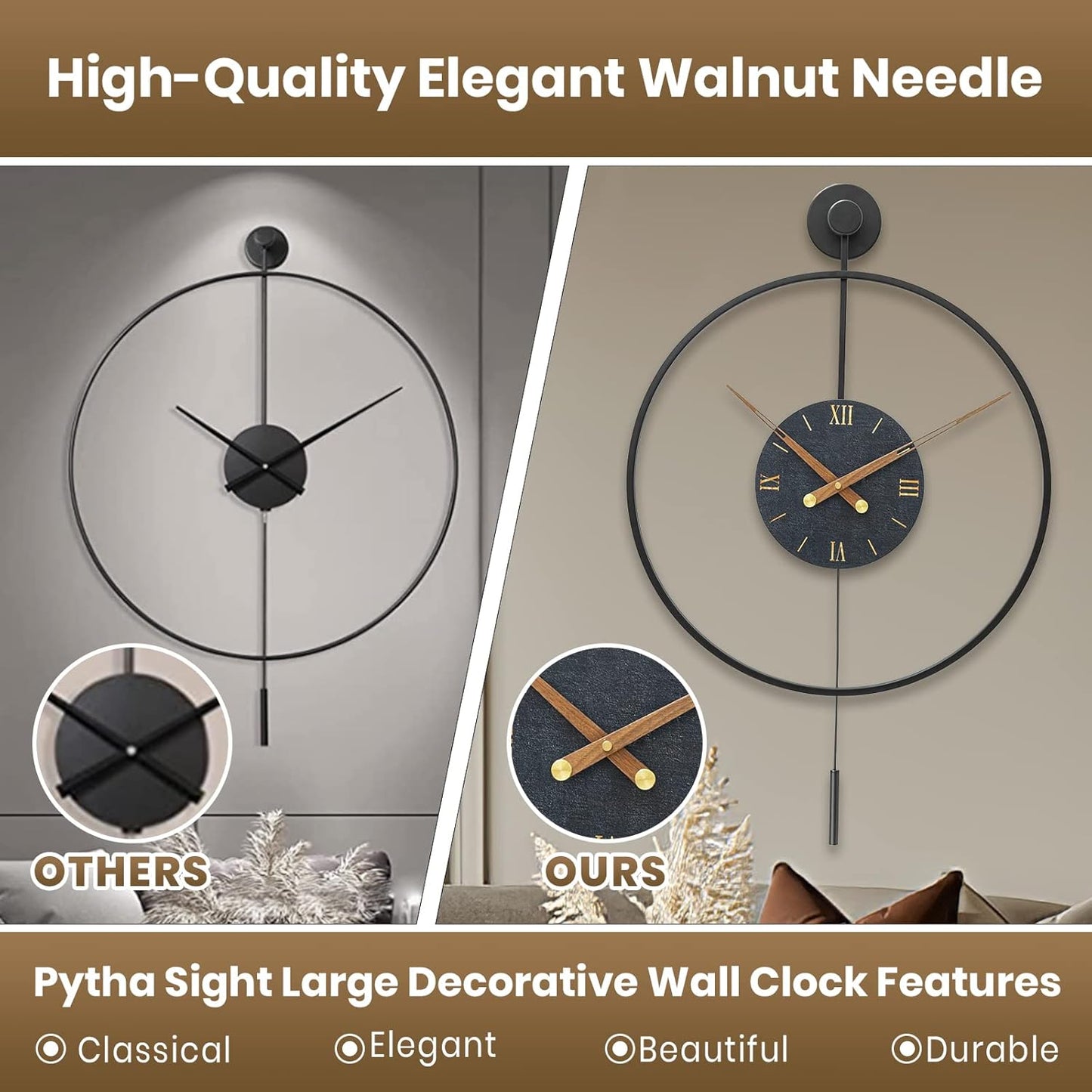 Large Modern Wall Clock,Wall Clocks for Living Room Decor,Classical Metal Minimalist Roman Numeral Dial,Big Decorative Farmhouse Pendulum Wall Clock With Walnut Pointers for Office,Dining Room