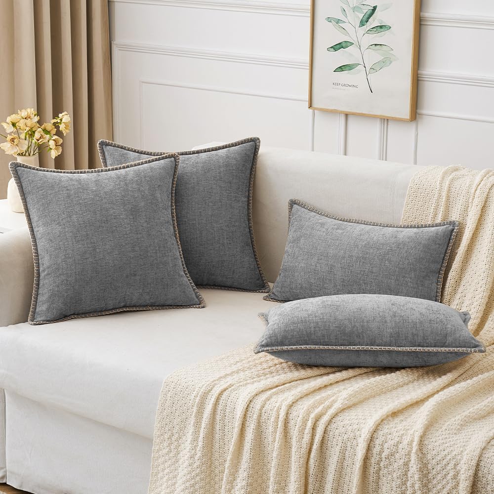 MIULEE Pack of 2 Couch Throw Pillow Covers 18x18 Inch Dark Gray Farmhouse Decorative Pillow Covers with Stitched Edge Soft Chenille Solid Dyed Spring Pillow Covers for Sofa Bed Living Room