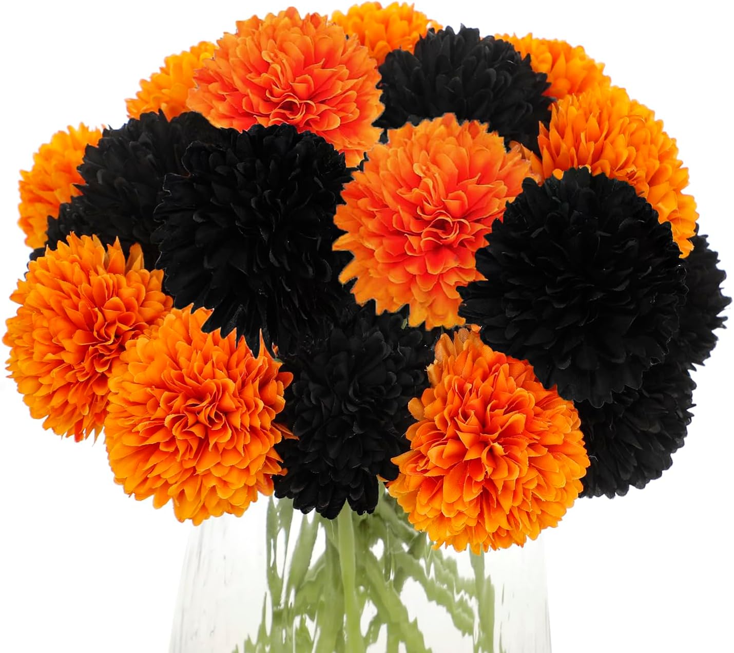 Kimura's Cabin 20Pcs Faux Mums Flowers Fake Chrysanthemum Artificial Silk Ball Flowers for Halloween Garden Home Kitchen Table DIY Decoration Center Fall Bouquets (Orange Black)