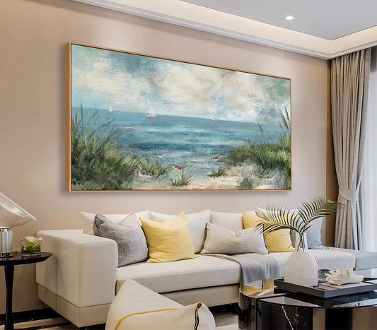 Sea Beach Vintage Seascape Canvas Prints Wall Decor Ocean Sailboat Seagull Beach Bird Reed Canvas Painting Artwork Living Room Bedroom Decoration Natural Framed