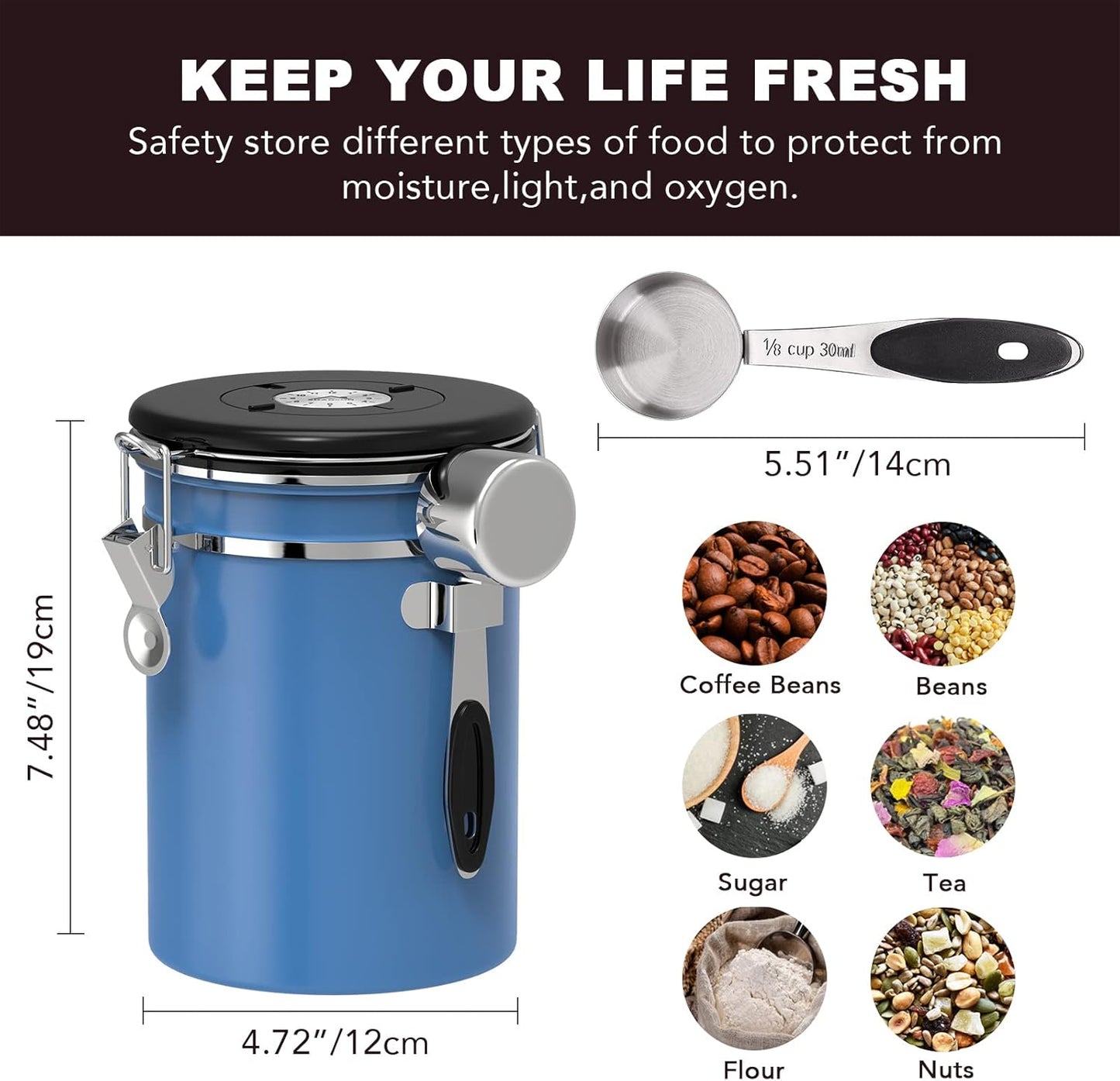 ShanSon Coffee Canister Airtight Coffee Container Stainless Steel Coffee Bean Storage Container with CO2 Release Valve and Scoop Coffee Canister for Beans,Grounds,Sugar,Flour,Tea,Cereal,22OZ,Blue