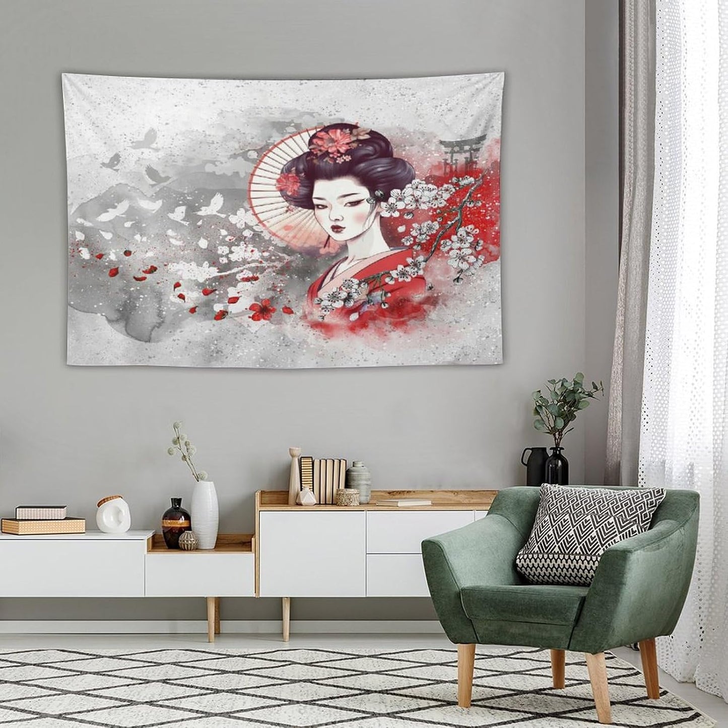 Japanese Geisha Tapestry Asian Red Cherry Blossom Traditional Kimono Folk Tapestries Home Decor for Living Room Bedroom Apartment Farmhouse Dorm 60"x40"