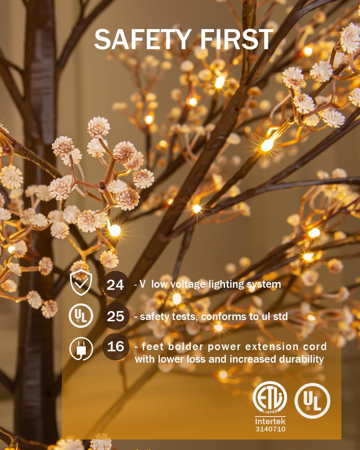 Lighted Baby's Breath Tree Set 4ft, 5ft and 6ft with 144/184/240 Warm White LED Lights for Holiday Decor - Dimmable, UL Certified, Waterproof - Ideal for Indoor and Outdoor Decoration