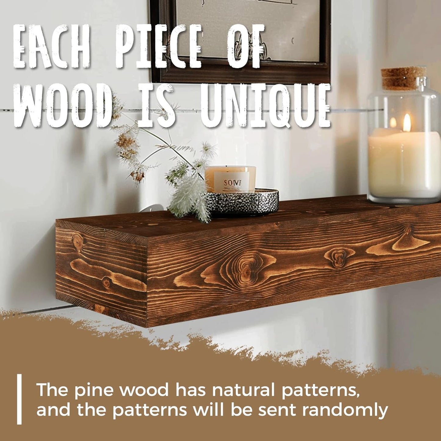 60x8x5 Fireplace Mantel - Handcrafted Hollow Rustic Solid Wood Wall Mounted Floating Shelf with Invisible Heavy Duty Wood Bracket (Weathered Brown)