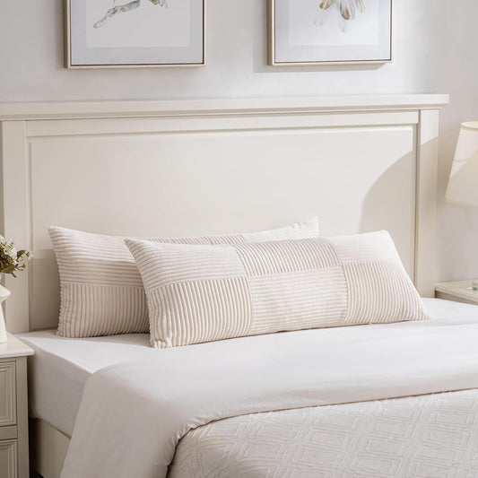 Fancy Homi Set of 2 Cream Boho Long Lumbar Body Decorative Throw Pillow Cover 14x36 Inch for Bed Couch Bedroom Bench, Soft Patchwork Corduroy Textured Pillow Case, Rustic Farmhouse Room Décor