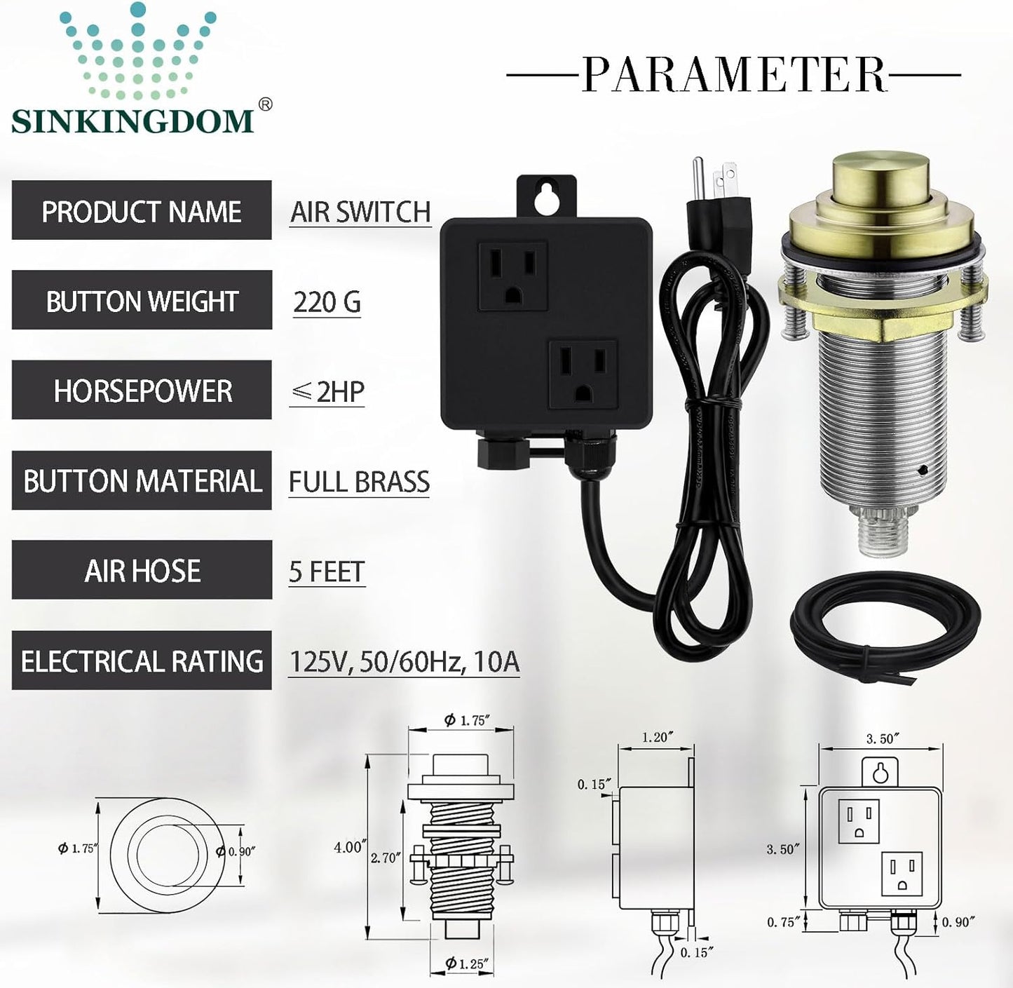 SinkTop Air Switch Kit with Brass Gold Long Button (Full Brass) for Garbage Disposal