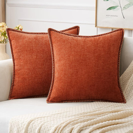 MIULEE Pack of 2 Fall Couch Throw Pillow Covers 18x18 Inch Rust Farmhouse Decorative Pillow Covers with Stitched Edge Soft Chenille Solid Dyed Pillow Covers for Sofa Bed Living Room