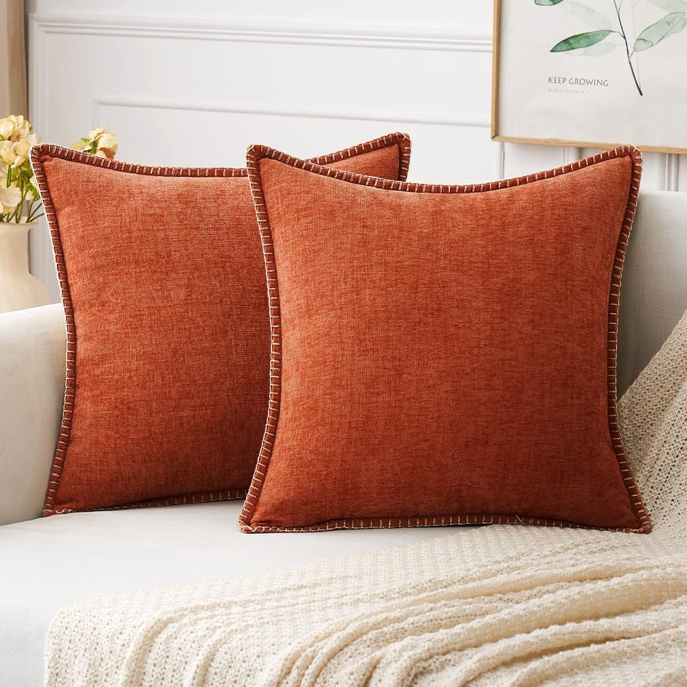 MIULEE Pack of 2 Fall Couch Throw Pillow Covers 50x50 cm Rust Farmhouse Decorative Pillow Covers with Stitched Edge Soft Chenille Solid Dyed Pillow Covers for Sofa Bed Living Room