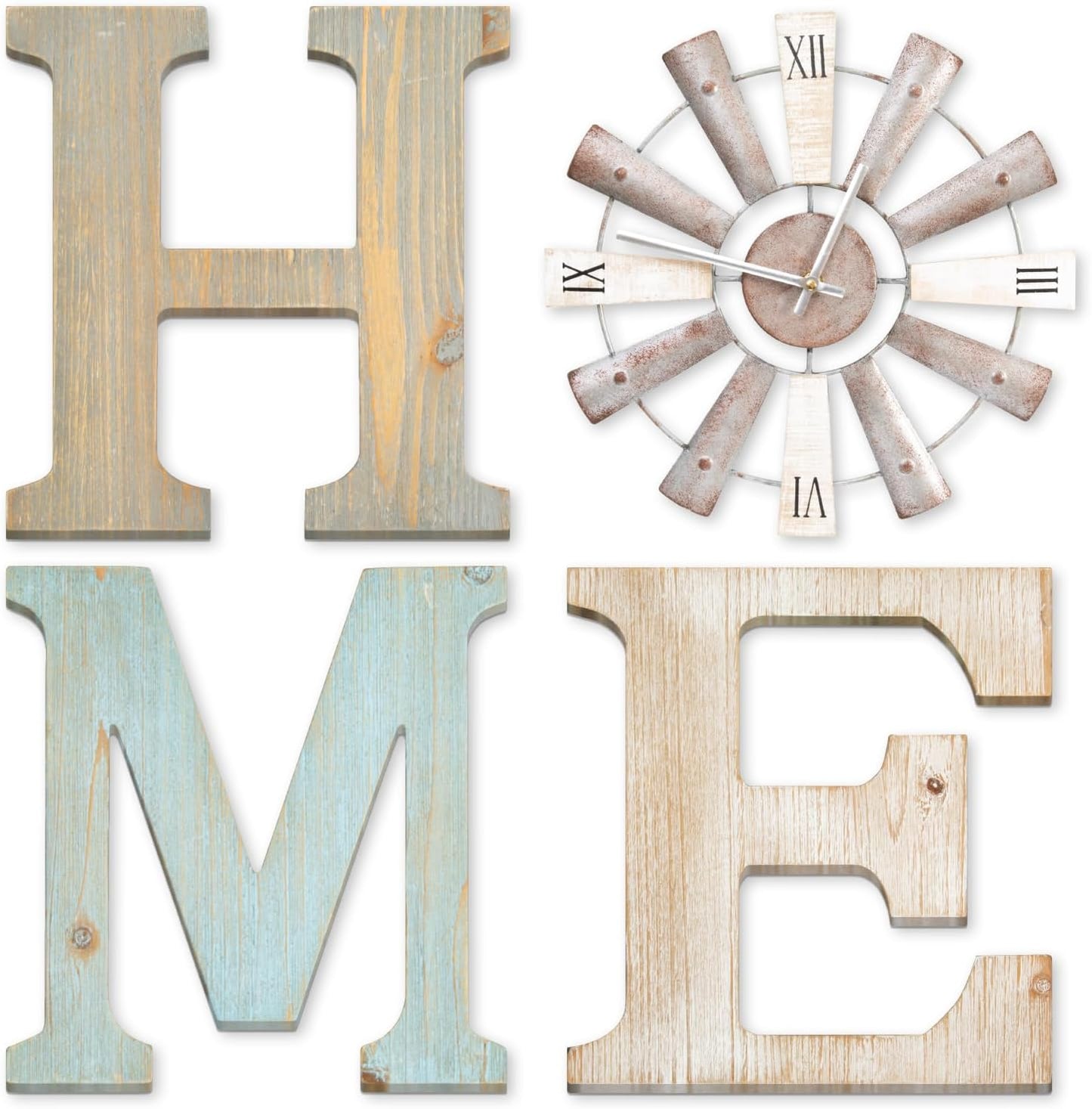 ZAZIWZ Farmhouse Home Signs with Windmill Clock Wall Decor Rustic Home Letters Wall Art for Living Room Kitchen Entryway Dining Room Bedroom (mix color)