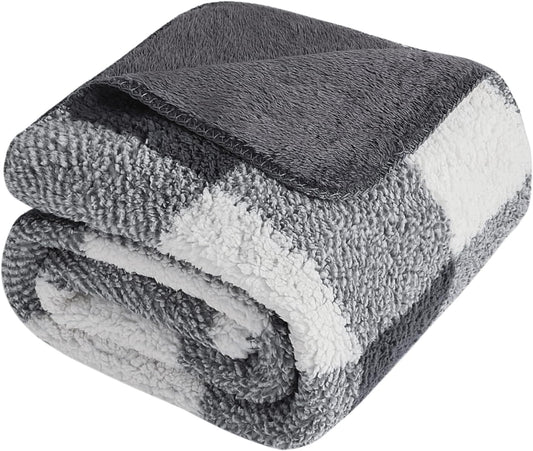 LURKA Checkered Sherpa Fleece Throw Blanket - Extra Thick and Warm Winter Soft Fuzzy Plush Blanket for Couches, Beds & Pets, Smoke Grey, 50x60 Inches