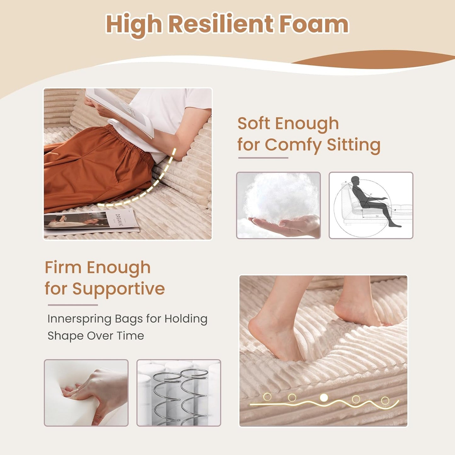 HOOOWOOO Cloud Sectional Couches for Living Room,Modular Sectional Sofa No Assembly,141X70 Inch Plush Corduroy Large L Shaped Floor Couch Set with Deep Seat Chaise(Beige)