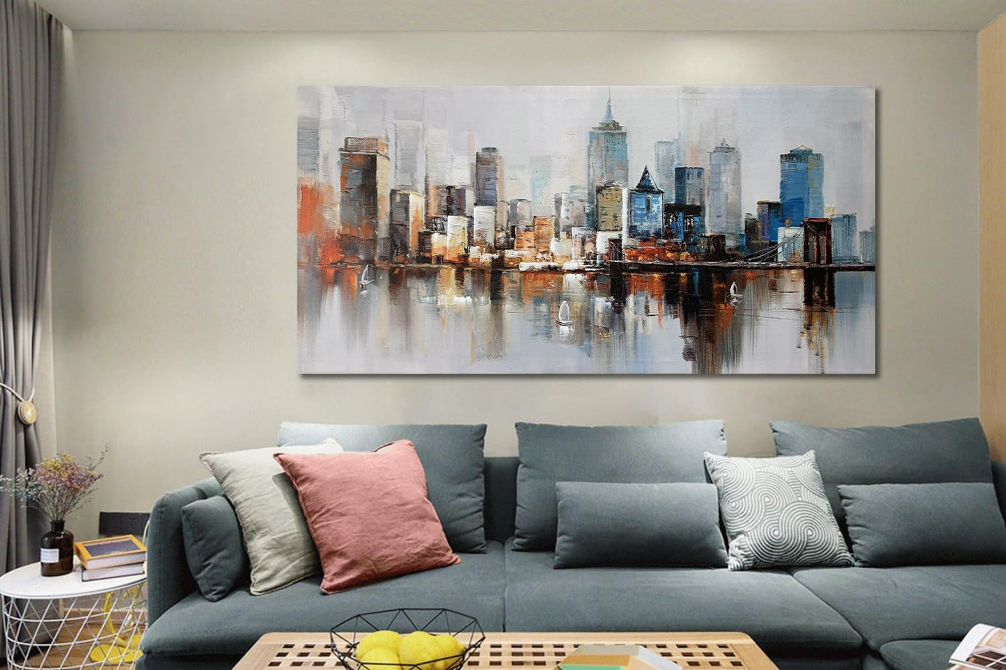 Arjun Brooklyn Bridge Wall Art Modern New York City Abstract Canvas Cityscape NY Painting Large Framed Colorful NYC Skyline Textured Picture for Living Room Bedroom Home Office Wall Decor, 48"x24"