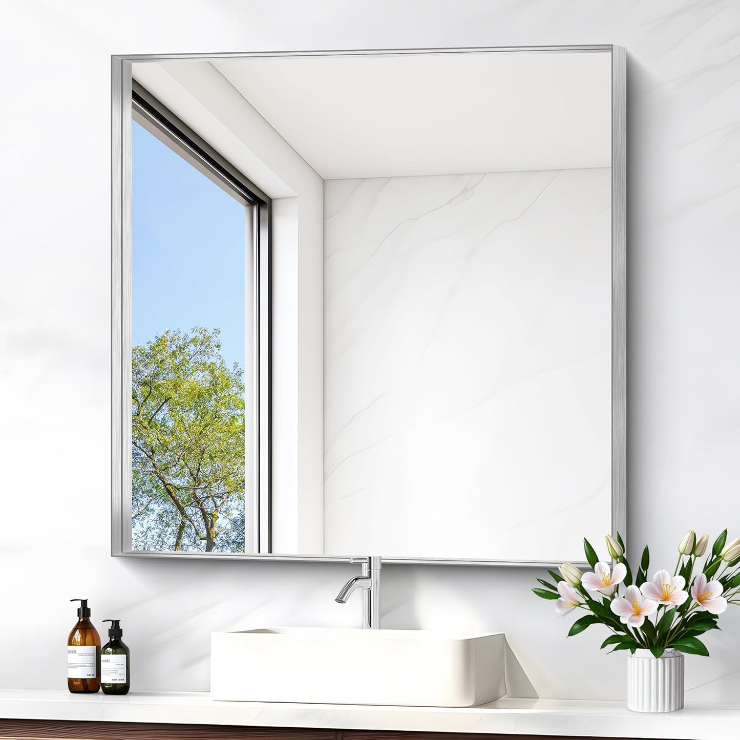 Silver Bathroom Mirror, 30x30 Inch Rectangular Framed Mirror, Large Wall Mounted Bathroom Vanity Mirror Over Sink for Bedroom,Restroom, Living Room, Hangs Vertically or Horizontally