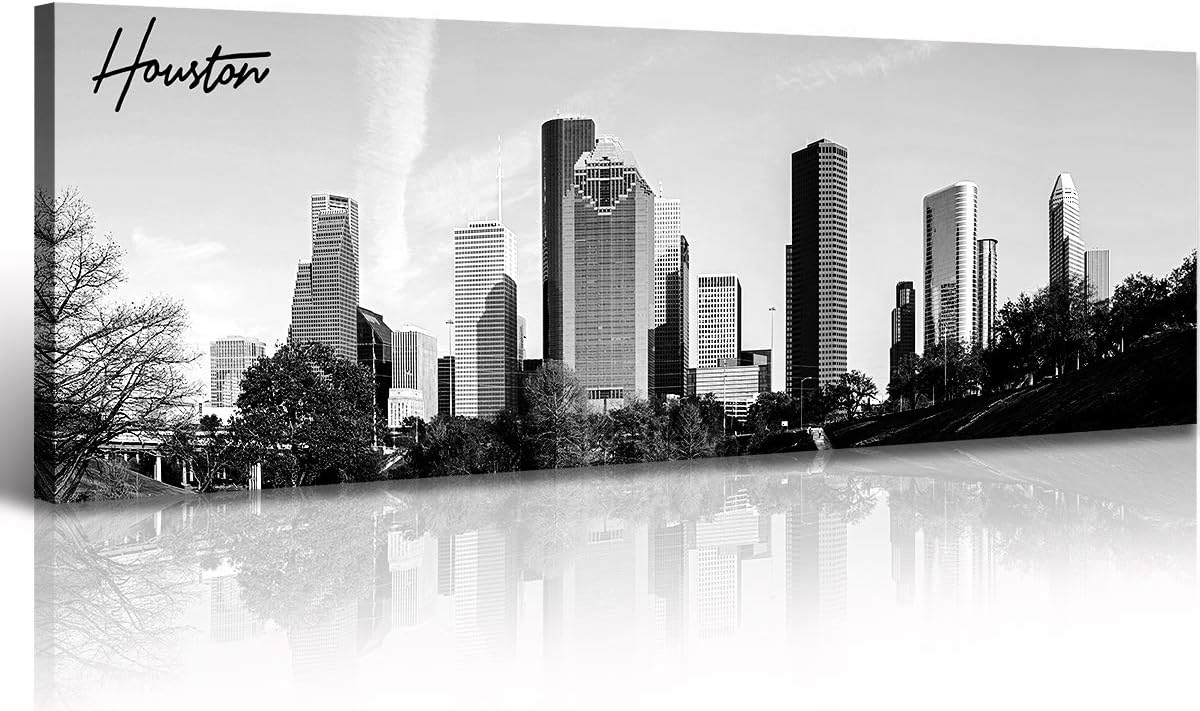 Black and White Wall Art Houston Skyline Canvas Print Picture Panoramic Cityscape Poster Decoration for Bedroom Office Home Decor Framed and Ready to Hang, 13.8"x47.3"