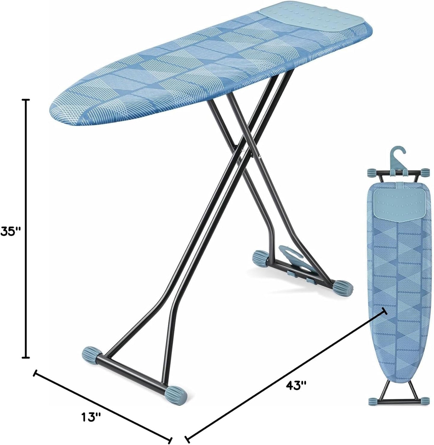 APEXCHASER Ironing Board with Iron Rest, Compact and Space Saver Iron Board, Extra Thick Cover, Height Adjustable, Wall Mount & Closet Hanger 13x43 Blue