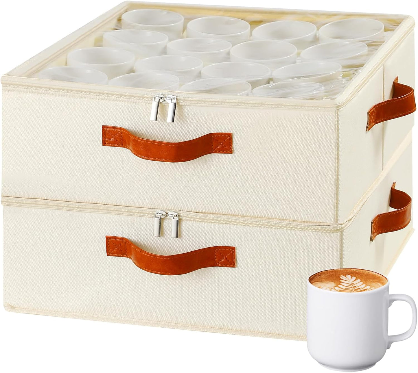 2 Pack Cup and Mug Storage Box with Dividers and Hard Shell, Stackable Coffee Cup Storage Organizer with Lid, Zipper, and Handles for Coffee Mugs, Cups, Glasses, Stemware Storage Containers for Moving