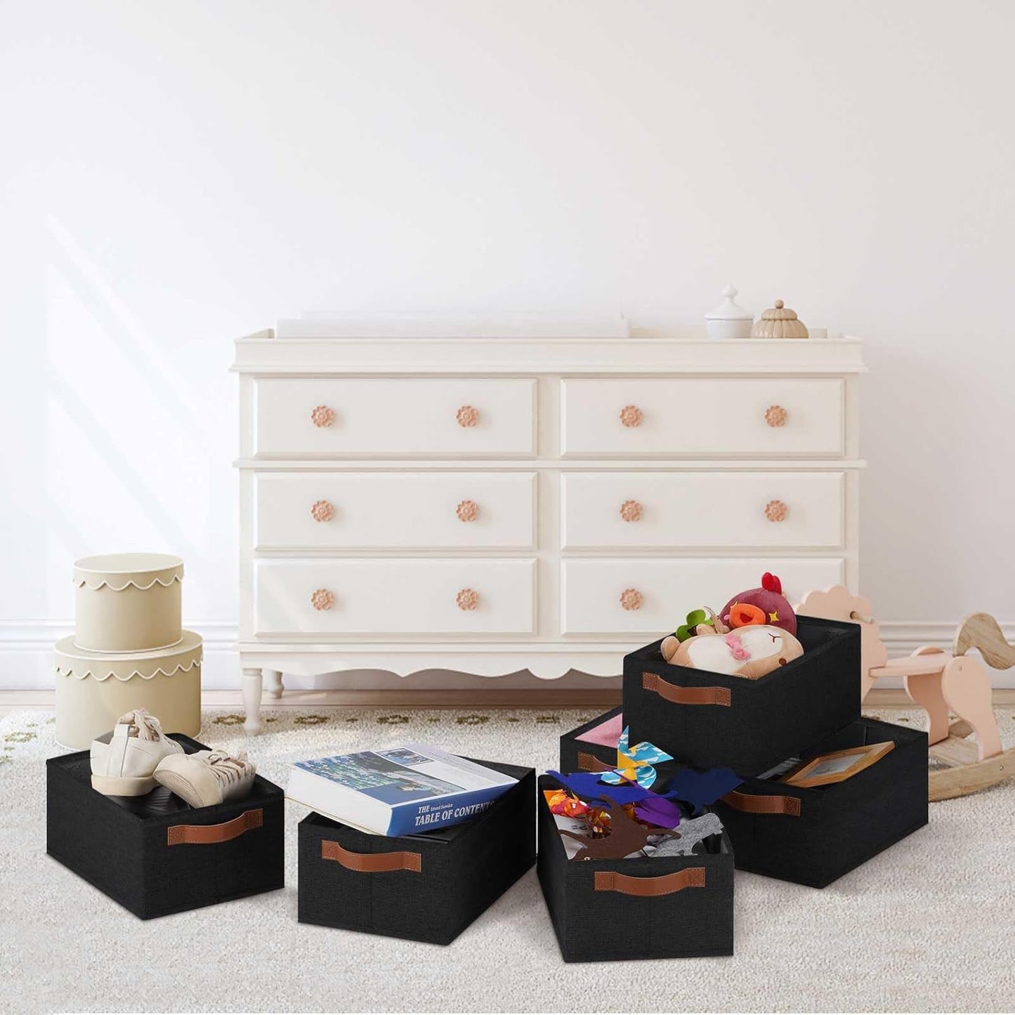 GhvyenntteS Small Fabric Storage Bins 6 Pack, 11.8" x 7.87" x 5.11" Storage Basket with Leather Handles, Closet Storage Bins for Shelves, Storage Baskets for Shelves, DVD Storage (Black)