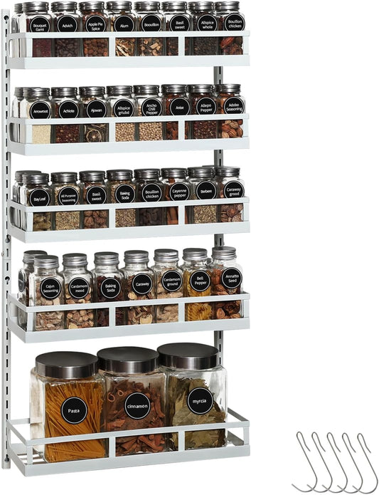 X-cosrack Wall Mount Spice Rack Organizer 5 Tier Height-Adjustable Hanging Spice Shelf Storage for Kitchen Pantry Cabinet Door, Dual-Use Seasoning Holder Rack with Hooks, White