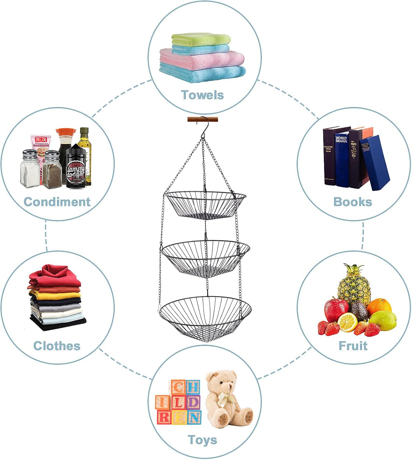 3-Tier Wire Fruit Hanging Basket 2 Packs,non-Punching Wall Hanging Storage,Kitchen Bathroom Organization Basket,Suitable for Bathroom,Kitchen,Closet,Garden,Black