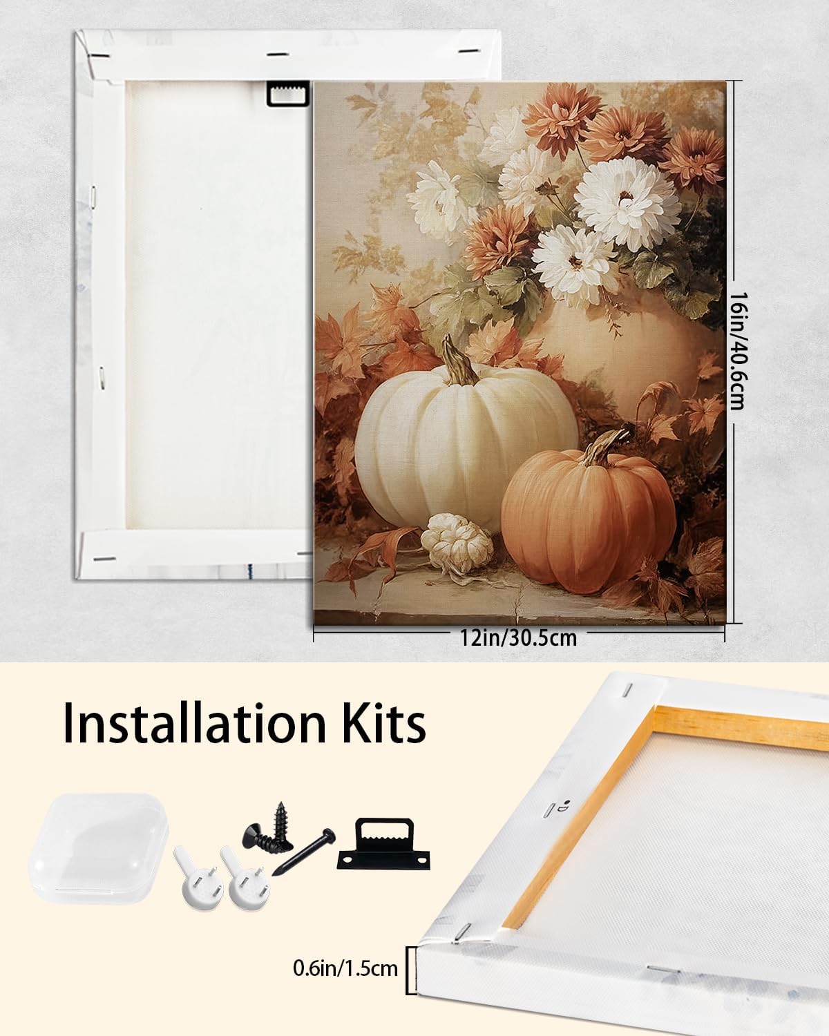 AbcCustomize Fall Wall Art Pumpkin Floral Print, Vintage Thanksgiving Decorations Canvas for Autumn Decor, Rustic Daisy Farmhouse Wall Art Decor for Bedroom Living Room Kitchen, Ready to Hang