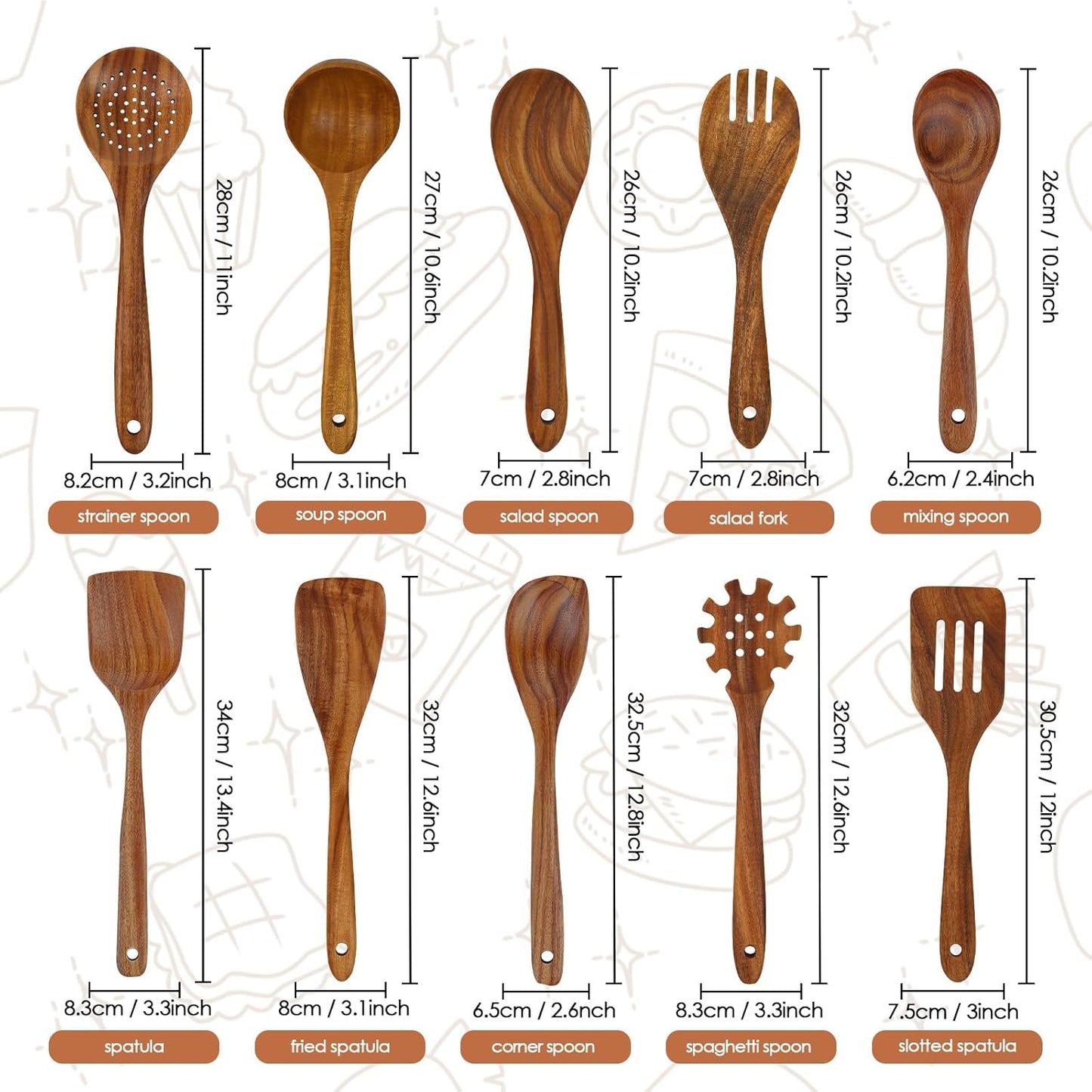 comfoyar Teak Wooden Spoons for Cooking, 10 Pieces Kitchen Cooking Utenails Set with Spatula and Ladle, Heat Resistant Kitchen Cookware for Nonstick Pan