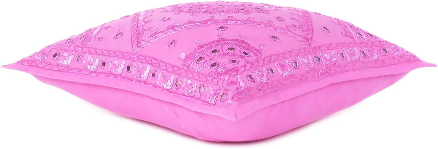Eyes of India Embroidered Decorative Boho Throw Pillow Cover with Mirrors, Handmade Bohemian Accent Cushion Case for Sofa Couch Bedroom Living Room (Pink, 16" x 16")