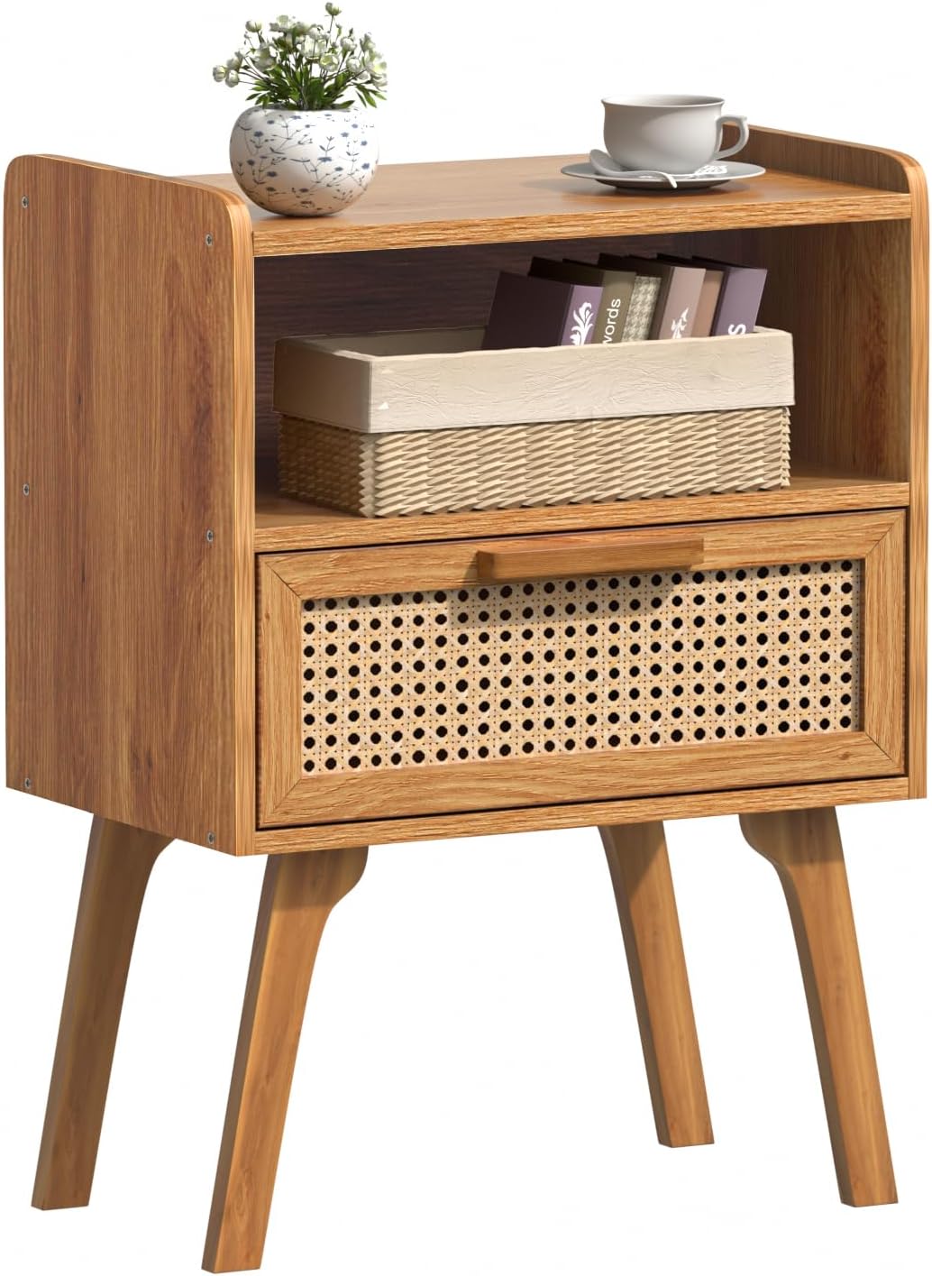 Lerliuo Rattan Nightstand, Side Table with Drawer Open Shelf, Cane Accent Bedside End Table with Solid Wood Legs, Mid Century Modern Night Stand for Bedroom, Dorm and Small Spaces (Tea Brown)
