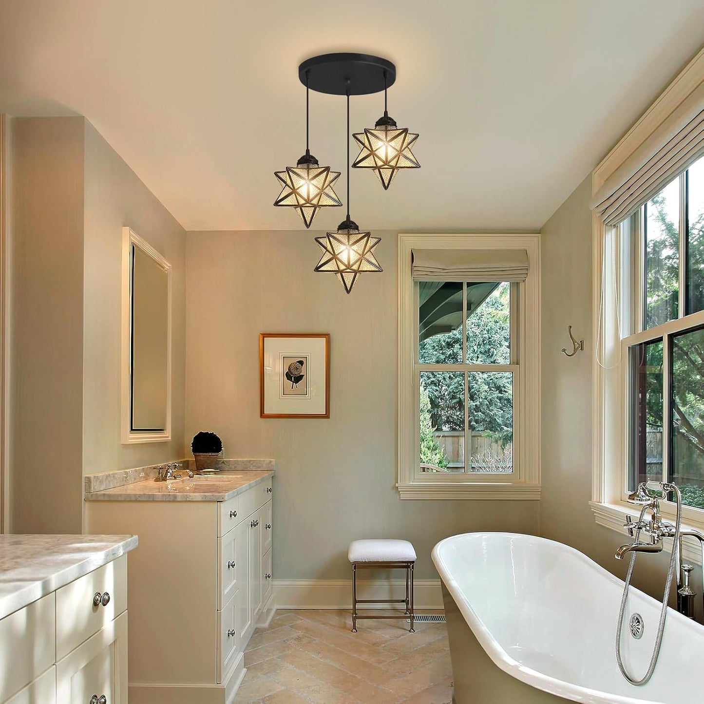 Farmhouse Glam Chandelier with Glass Star Pendants Light Fixture Elegant Ceiling Hanging Lights Included Warm Light Bulbs Black