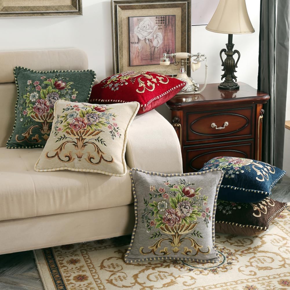 Set of 2 Spring Chenille Vintage Green Throw Pillows Covers 18x18in Sofa Couch Pillows for Living Room Floral Embroidered Cushion Cover for Bed Chairs Car