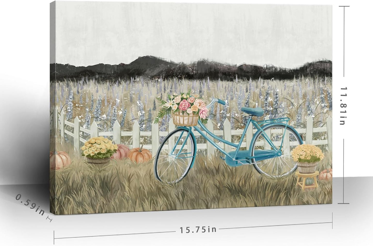 Farmhouse Decor Bathroom Fall Wall Art Vintage Boho Landscape Nature Canvas Picture Mountains, Bicycle Lavender Flowers Floral Neutral Small Artwork for Modern Organnic Country Rustic Cottagecore Bedroom