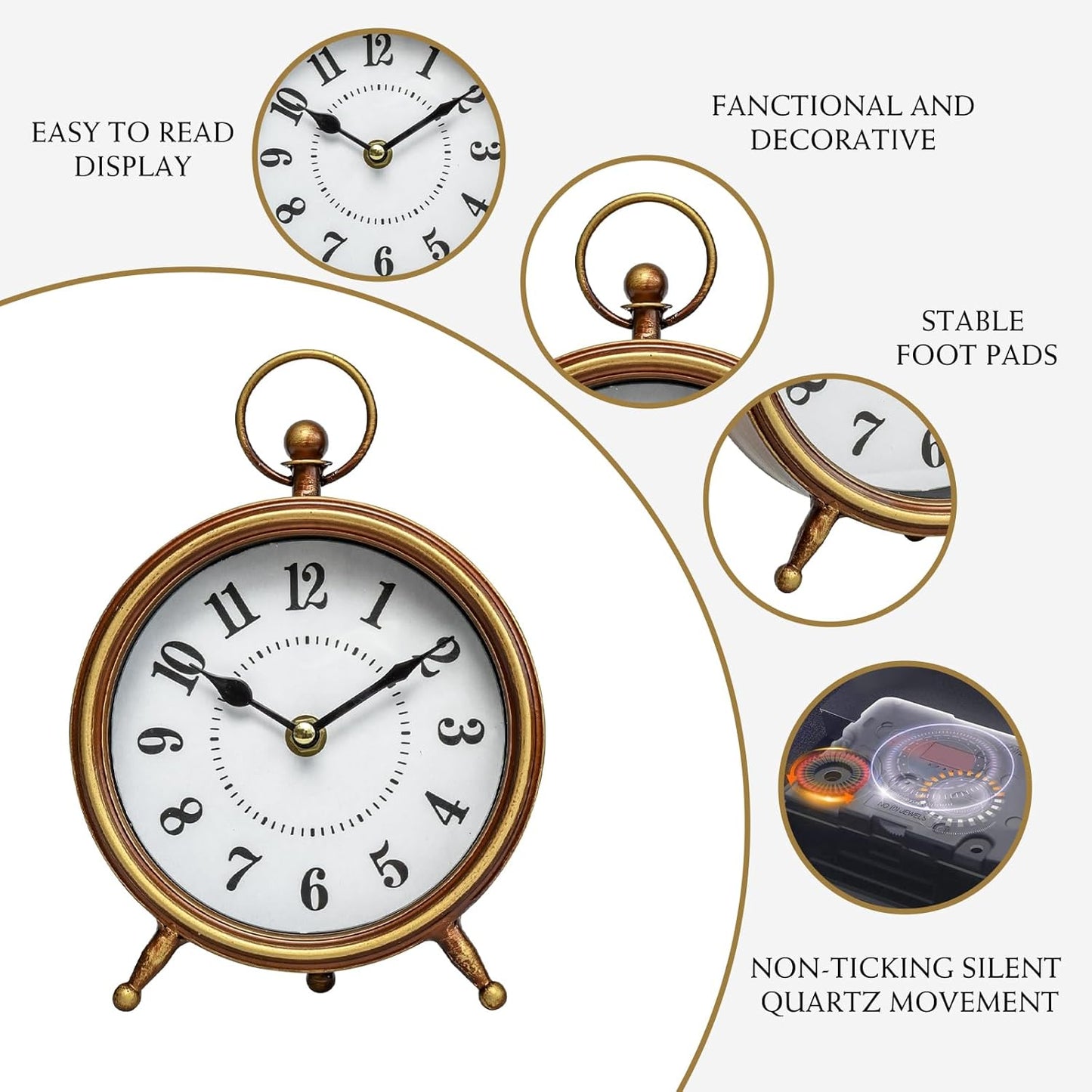 Vintage Small Table Clock on Stand, Decorative Desk and Shelf Clock Farmhouse Mantel Non-Ticking Clock Rustic Metal Frame with Antique Gold Finish 9.3 Inch