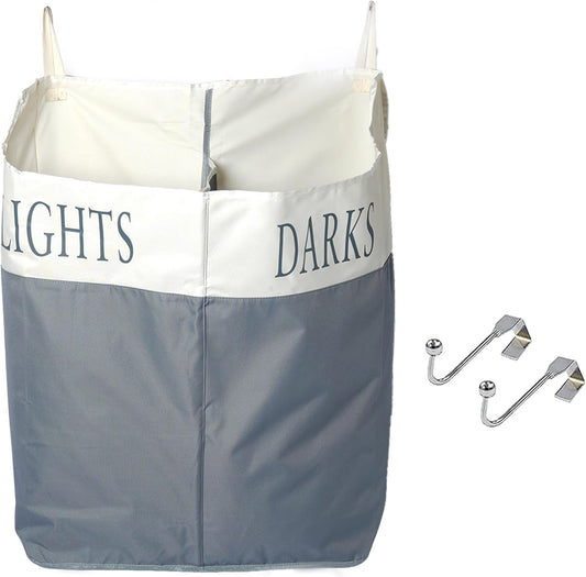 The Fine Living Co. X-Large Two Compartments Hanging Laundry Hamper with Over Door Hooks, Durable Space Saving Laundry Bag Storage with Bottom Zipper, Wide Open Top Dark/Light Compartment(25"x10"x31")