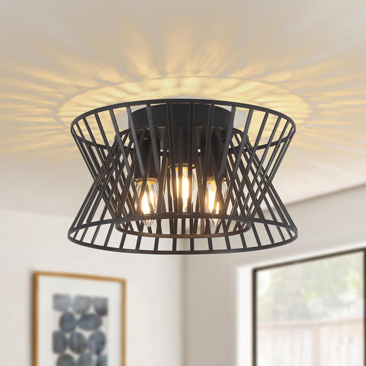 3-Lights Black Ceiling Light Vintage Geometric Chandelier Light Fixture Adjustable Metal Semi Flush Mount Lighting for Kitchen Room Dining Room Foyer