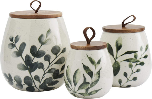 TTU Tabletops Gallery Ceramic Canister Collection- Stoneware Designed Kitchen Storage Acacia Wood White Set, 3 Piece Green Leaf Canister Set