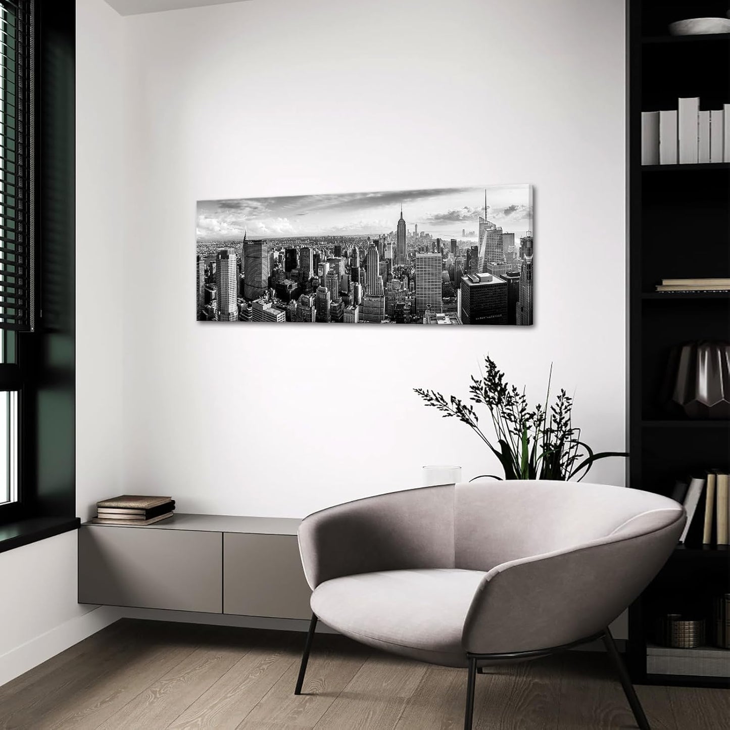 LevvArts New York Canvas Wall Art Black and White City Skyline Picture Panoramic Photo Canvas Print Modern Home Office Living Room Wall Decoration Ready to Hang 20"x55"