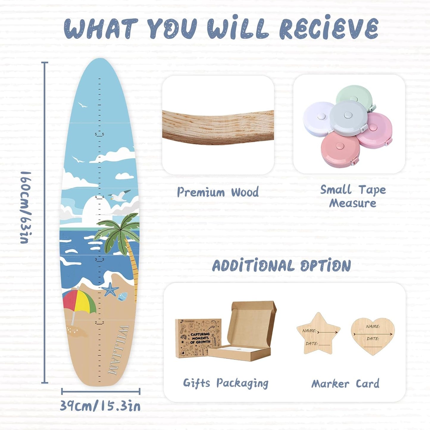 Personalized Name Growth Chart, Surfboard Children's Height Growth Chart Wall Board, Stereoscopic Height Ruler, Precision Height Measuring Instrument for Nursery Room, Includes Tools