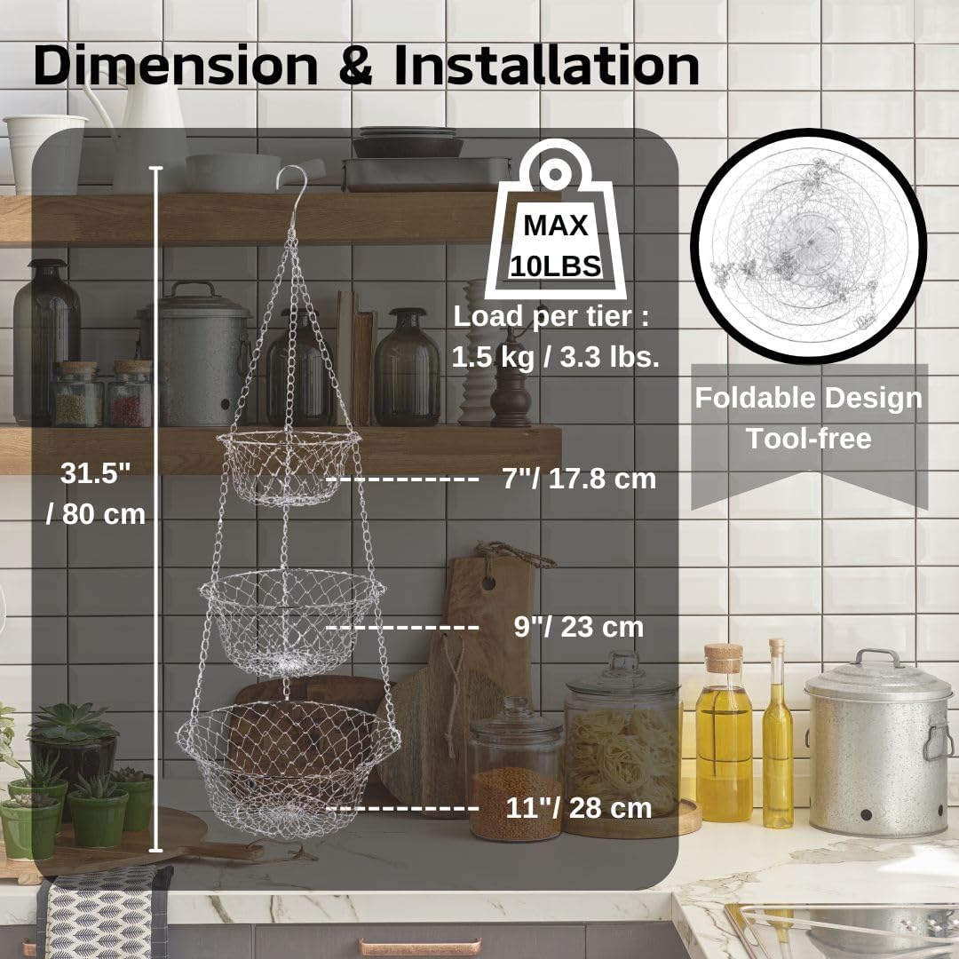 IBERG 3-Tier Fruit Basket Hanging Baskets for Storage - Kitchen Bathroom Organizer (Chrome)
