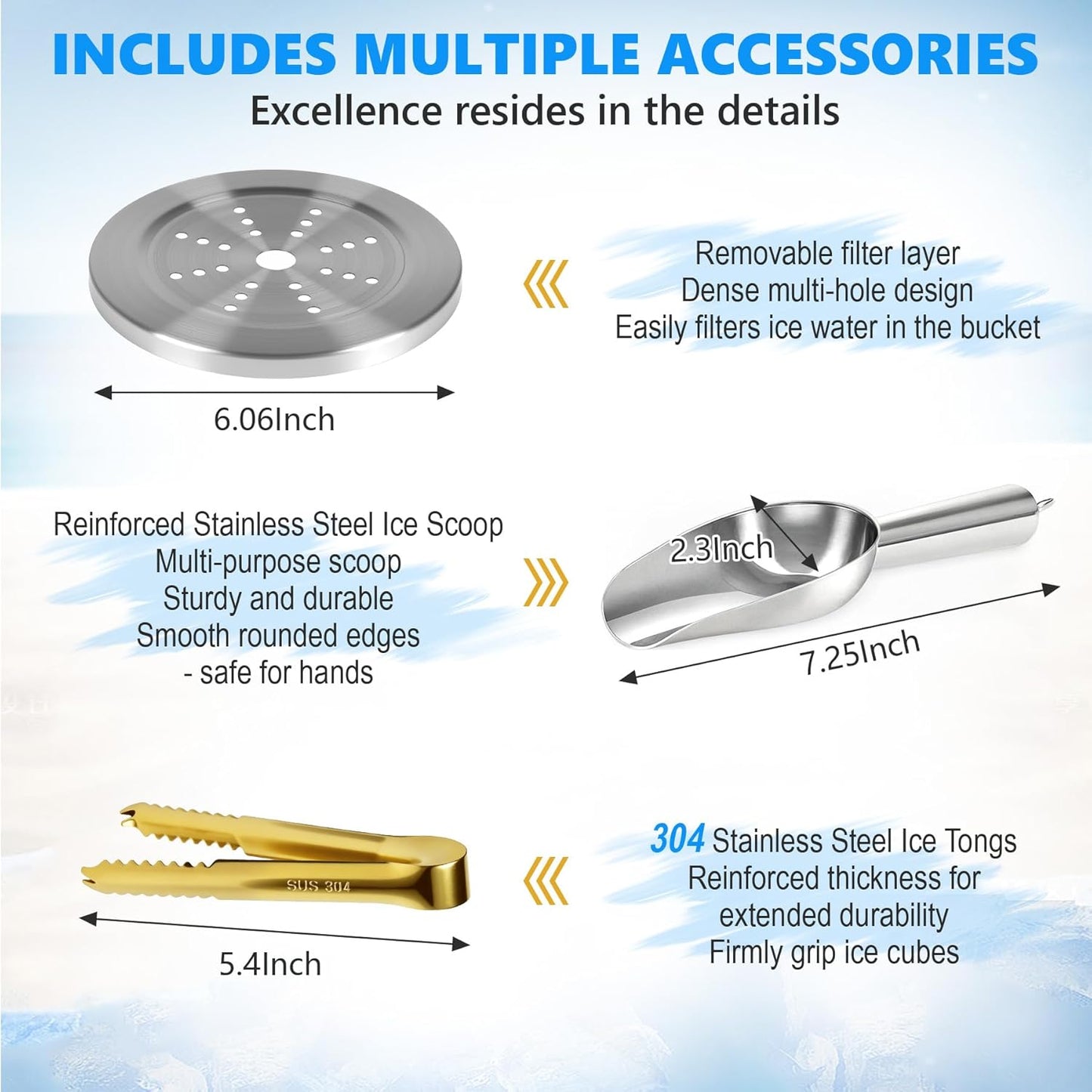 Ice Bucket, Gold Ice Bucket 3L with Silicone Sealing Ring Double-Wall Vacuum Insulation Champagne Buckets with Filter Layer Ice Tongs Ice Scoop (Gold, 3 L)