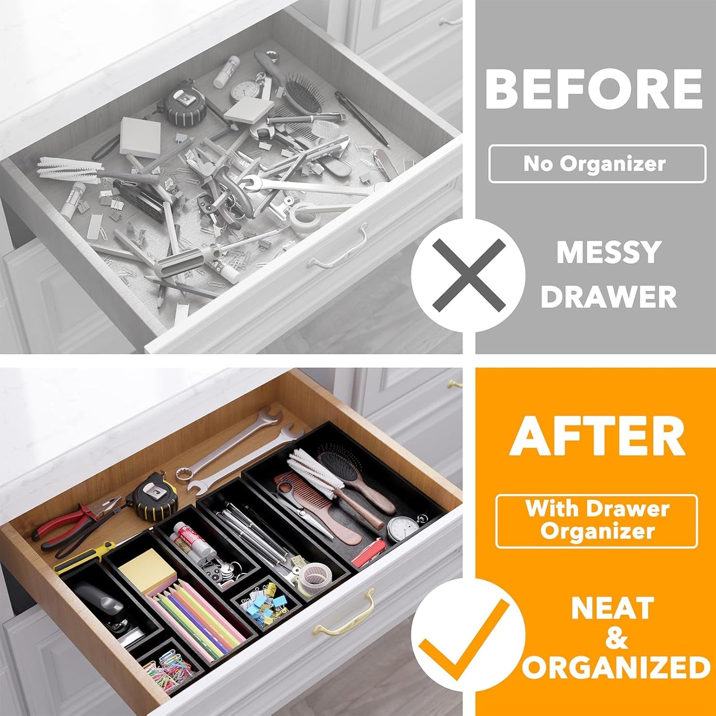 SpaceAid 7-Piece Bamboo Drawer Organizer Storage Boxes Set, Wood Tray Junk Drawer Organizers Multi-Use Divider Bins for Kitchen, Bathroom, Office Desk and Makeup Organization (7 Pack, Black)