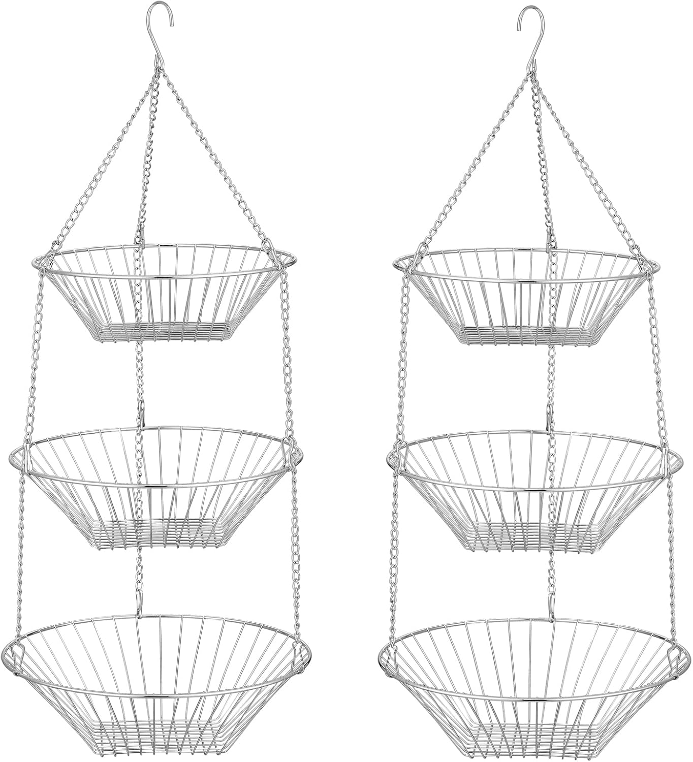 3-Tier Wire Fruit Hanging Basket 2 Packs, non-Punching Wall Hanging Storage, Kitchen Bathroom Organization Basket, Suitable for Bathroom, Kitchen, Closet, Garden, Chrome