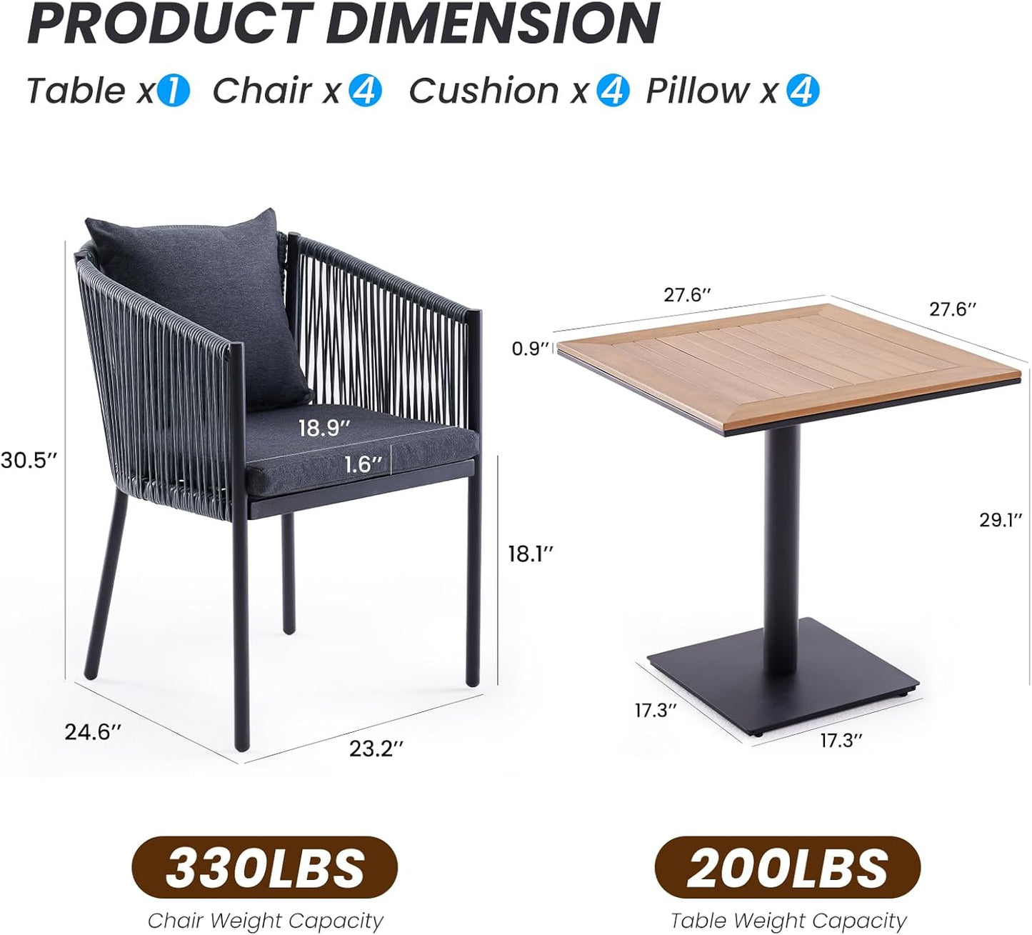 Soohow 5 Pieces Outdoor Dining Set for 4, Patio Table and Chairs Set 4 X Rattan Wicker Patio Chair with Cushions and 1 X Outdoor Table Plastic Wooden Top for Lawn, Deck Backyard, Poolside